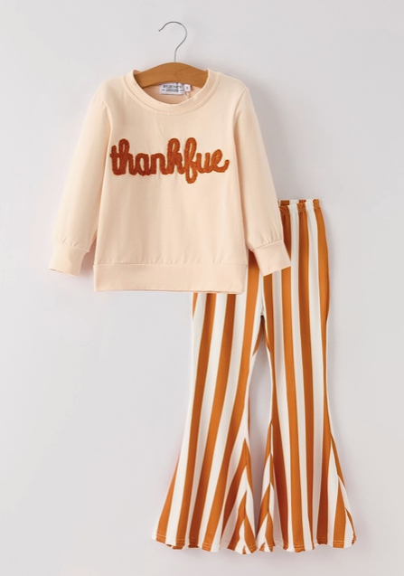 Fall Thanksgiving "thankful" Chenille Patches Stripe Girls Long Sleeve Set
