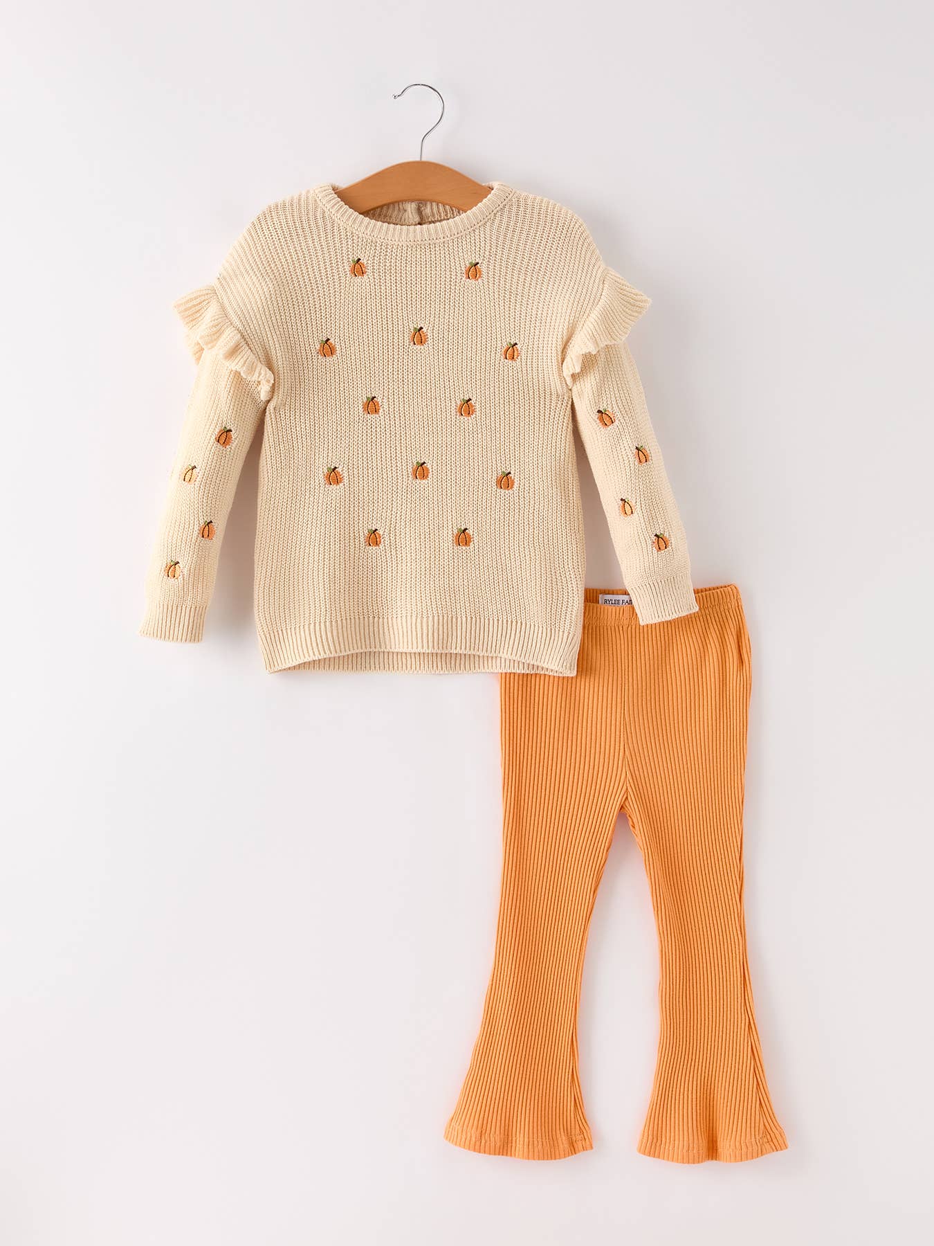 Fall Halloween & Thanksgiving Girls Pumpkin Embroidered Sweater +Bell Bottom Pants Set