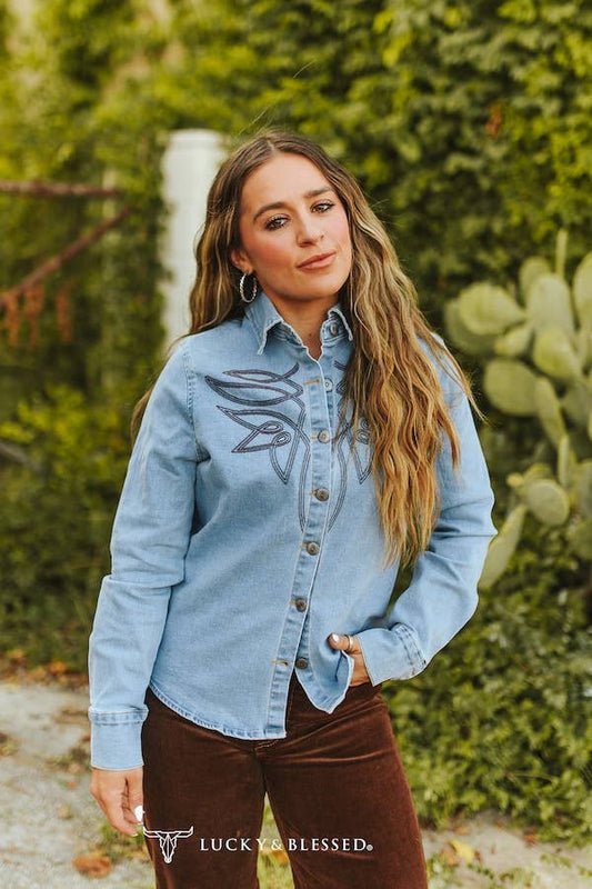 Light Wash Stretch Denim W Brown Boot Stitch Shirt