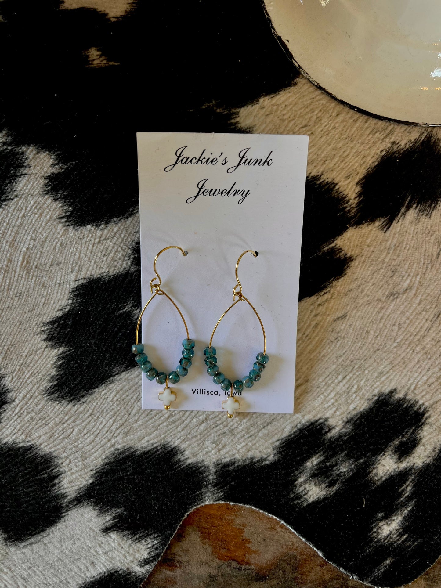 Blue beads w/ white cross earrings