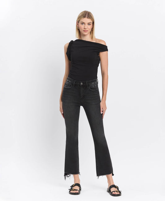 HIGH RISE RAW STEP HEM CROP FLARE JEANS T5991